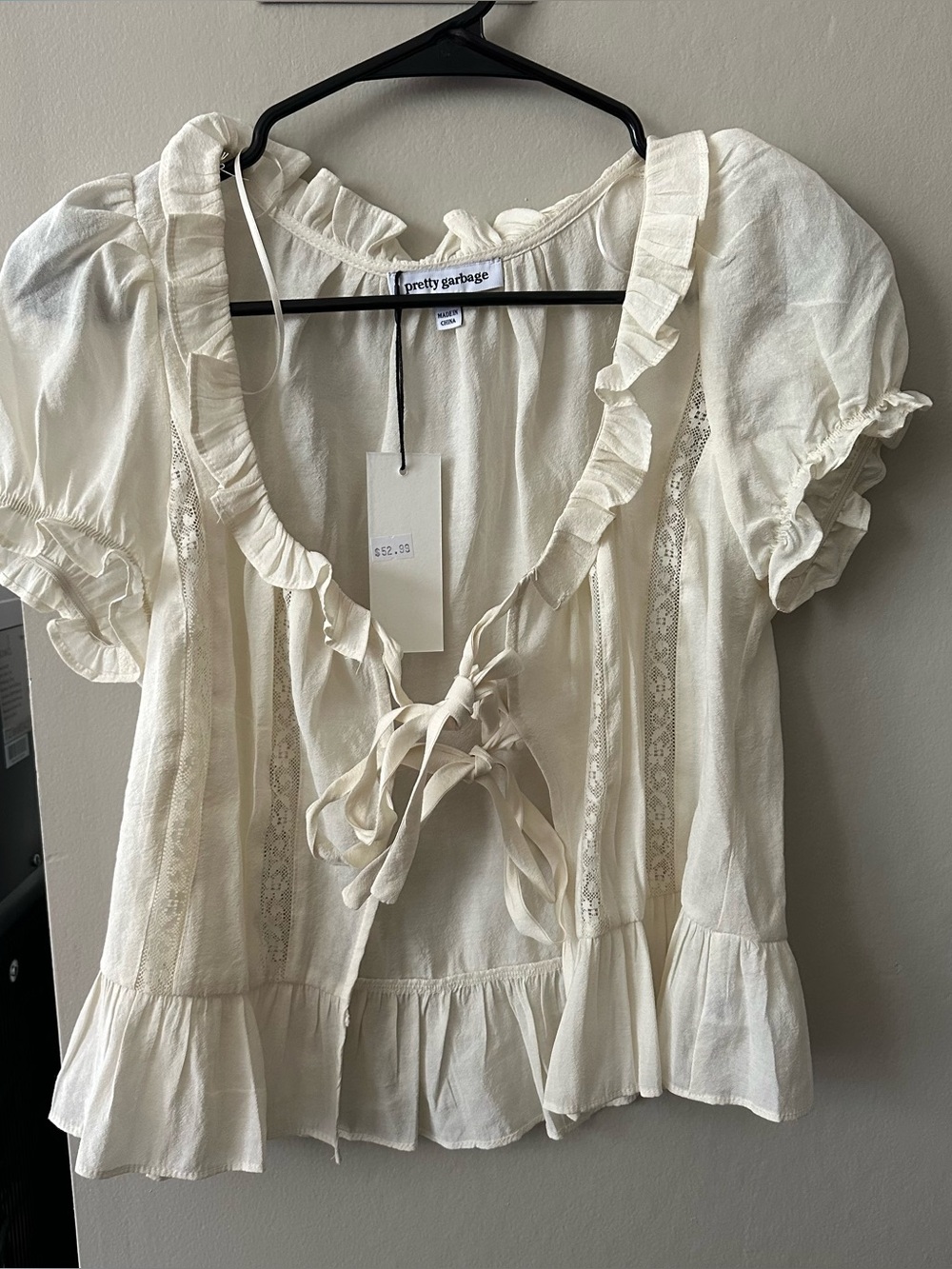 Pretty Garbage Cream Ruffle-Trim Tie Front Blouse